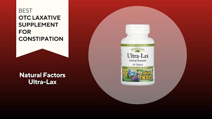 An image of a bottle of Ulta-Lax against a red background.